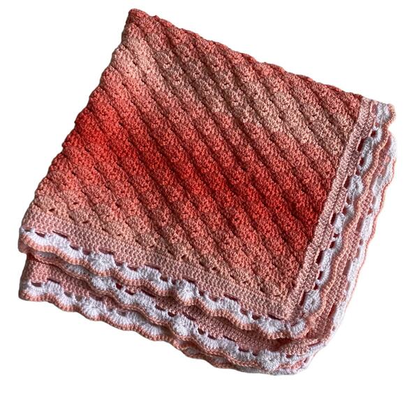 Crochet or Knit Baby Blanket Pink Peach Tones Scalloped Edge Sweet Handmade - Picture 1 of 8